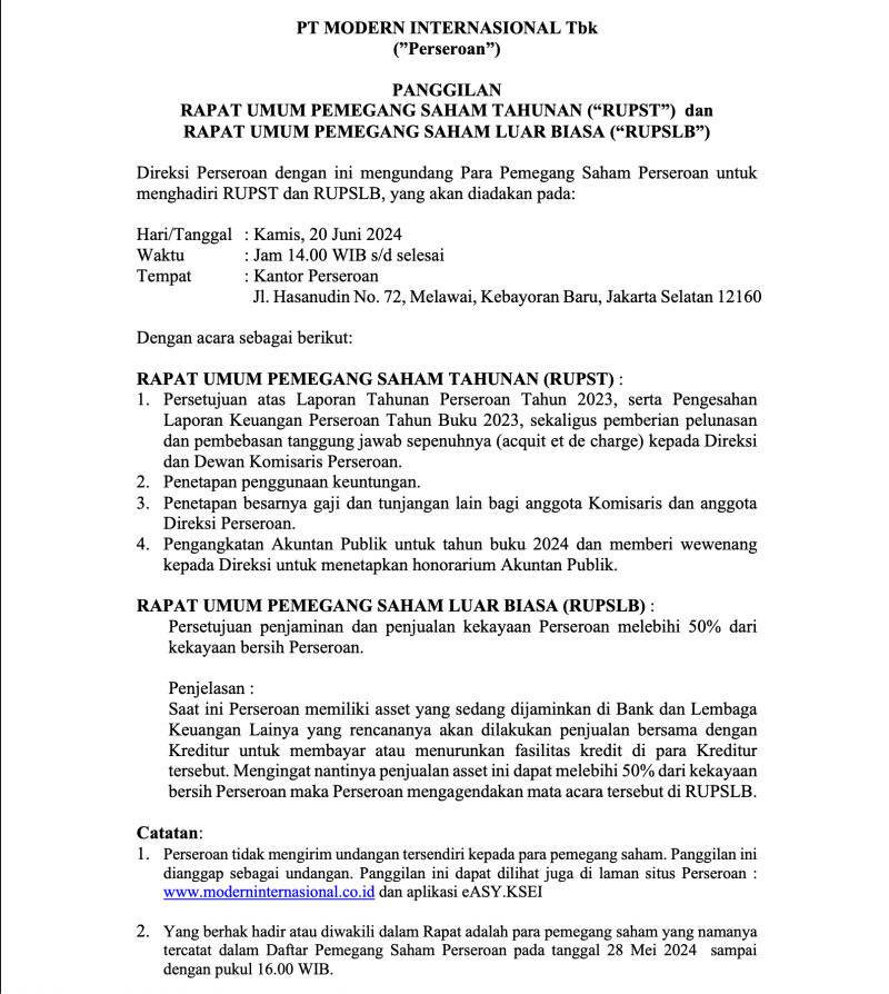Panggilan RUPS MDRN – 20 Juni 2024 – Modern Internasional
