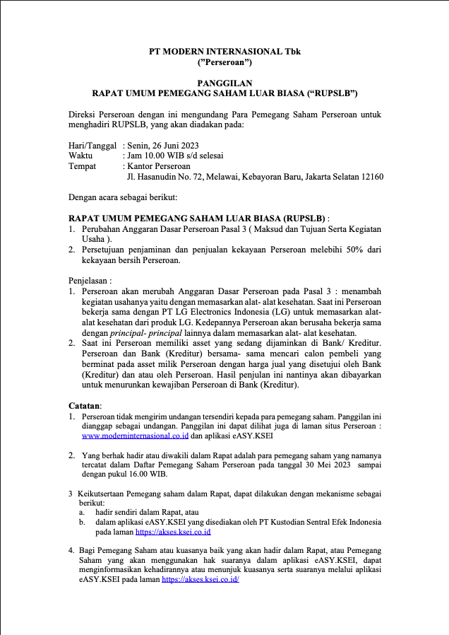 Panggilan RUPSLB Revisi – Modern Internasional